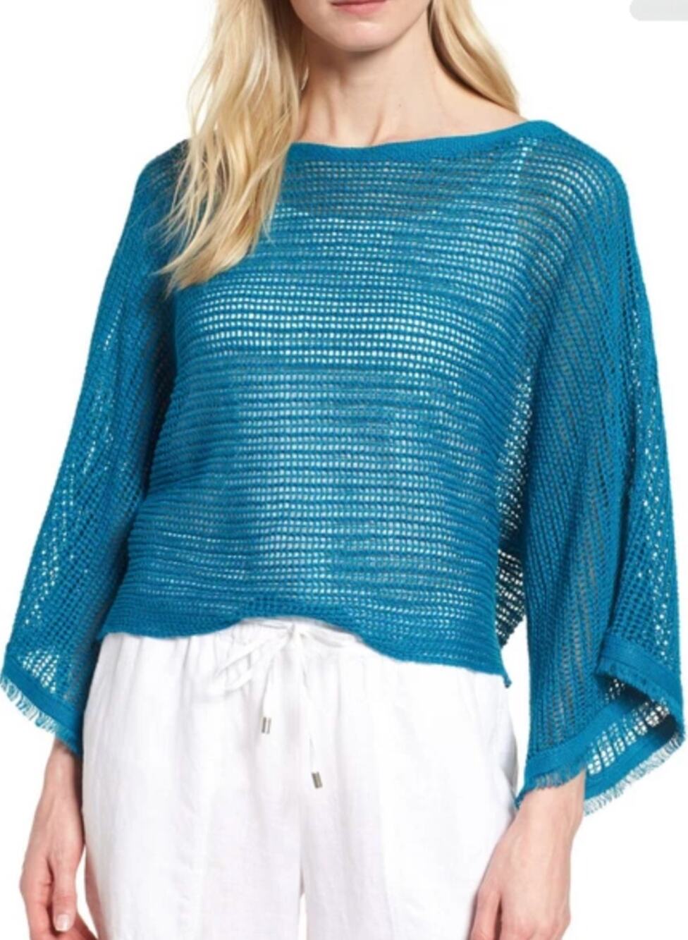 Eileen Fisher Organic Linen Sweater Womens L Teal Fringe Trim Open-Knit Bateau